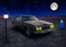 AI generated illustration of black classic car illuminated by moonlight in the vast desert landscape