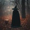 AI generated illustration of a black-cloaked witch traversing a mysterious, shadowy forest