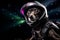 AI generated illustration of a black dog wearing a silver astronaut helmet