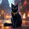 AI generated illustration of a black domestic cat sits on the concrete pavement