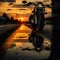 AI generated illustration of a black motorcycle parked on the street at sunset