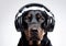 AI generated illustration of a black Rottweiler dog in headphones on a white background