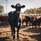 AI generated illustration of a black and white cow stands in a dirt field of a rural landscape