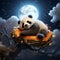 AI generated illustration of A black and white panda bear resting in a woven bird's nest