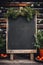 AI generated illustration of a blank blackboard decorated with Christmas branches