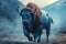 AI generated illustration of a blue bison stands on a barren, dry earth