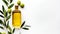 AI generated illustration of A bottle of pure olive oil and an oil branch on a white background