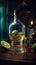 AI generated illustration of a bottle of whiskey, garnished with limes and a lime wedge