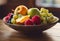 AI-generated illustration of a bowl of assorted fruit on a wooden table