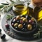 AI generated illustration of a bowl of fresh olives with spices and olive oil