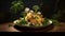 AI generated illustration of a bowl of freshly cooked pasta with vegetables, on a wooden table