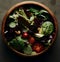 AI generated illustration of a bowl of freshly prepared salad, full of a variety of vegetables