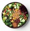 AI generated illustration of a bowl of freshly prepared salad, full of a variety of vegetables