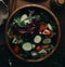 AI generated illustration of a bowl of freshly prepared salad, full of a variety of vegetables
