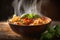 AI generated illustration of a bowl of steaming hot pasta with basil and tomato sauce