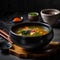 AI generated illustration of a bowl of steaming hot soup with vegetables