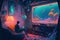AI generated illustration of a boy sitting in his room holding tablet and watching underwater scene