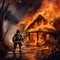 AI generated illustration of a brave firefighter in the midst of an intense fire