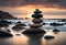 AI generated illustration of a breathtaking sunset view of the calm seascape with rocky landscape