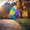 AI generated illustration of a bright sun illuminating the ground behind a colorful balloons