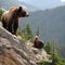 AI generated illustration of a brown bear atop a rocky cliff, gazing out over its surroundings