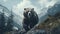 AI generated illustration of a brown bear stands on a stunning mountain range