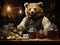 AI generated illustration of a brown bear wearing a checked vest sitting by a wooden table