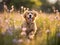 AI generated illustration of A brown-furred dog  running across a meadow of wildflowers