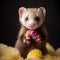 AI generated illustration of a brown-furred ferret clasping onto a colorful toy