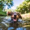 AI generated illustration of a brown puppy swimming joyfully in a tranquil lake