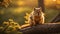 AI generated illustration of A brown squirrel perched atop a branch in a wooded area at sunset