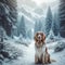 AI generated illustration of a brown and white dog sitting in snow winterwonder land