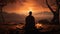 AI generated illustration of a Buddhist monk meditating in a barren landscape