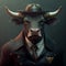 AI generated illustration of a bull wearing a hat an a suit on a gray smokey background