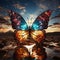 AI generated illustration of a butterfly with flowing wings reflecting on a puddle