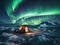 AI-generated illustration of a camping tent illuminated by the dazzling Aurora Borealis