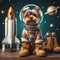 AI generated illustration of a canine astronaut in a space suit with a collection of objects