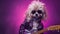 AI generated illustration of a canine wearing sunglasses, a jacket playing an electric guitar