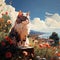 AI generated illustration of a canvas print of a majestic fluffy cat admiring a coastal village