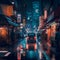 AI generated illustration of car driving in a crowded narrow street in an Asian city on a rainy day