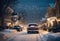 AI generated illustration of a car seen driving through a snow-covered street on a winter evening