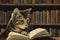 AI generated illustration of a cartoon cat reading a book near the bookshelf