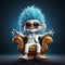 AI generated illustration of a cartoon creature with bright blue hair and sunglasses sitting on a th