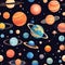 AI generated illustration of a Cartoon image of multiple planets and moons with stars
