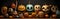 AI generated illustration of cartoon pumpkins on the ground with distinct facial expressions
