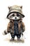 AI generated illustration of a cartoon raccoon standing in an army uniform on a white background