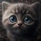 AI generated illustration of a cartoon tabby kitten with bright blue eyes gazing inquisitively