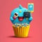 AI-generated illustration of a cartoonish media icon. A colorful cupcake with a camera.