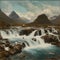 AI generated illustration of cascading waterfalls and majestic mountains