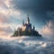 AI generated illustration of a castle on a hill on a sunny day, with fluffy clouds in the sky